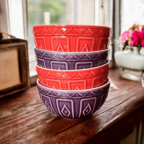 4 Trudeau Nesting Bowls Set Purple Red Dip Snack Porcelain Geometric Rustic - Picture 1 of 8
